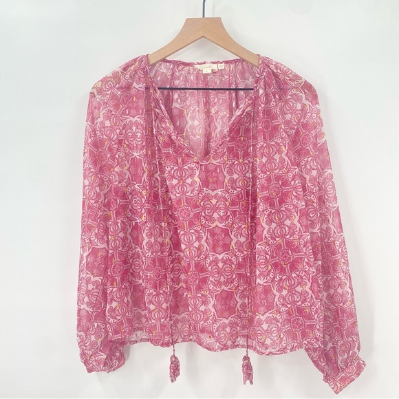 Anthropologie Let Me Be Pink Sheer Puff Sleeve Peasant Blouse Small - Picture 1 of 6